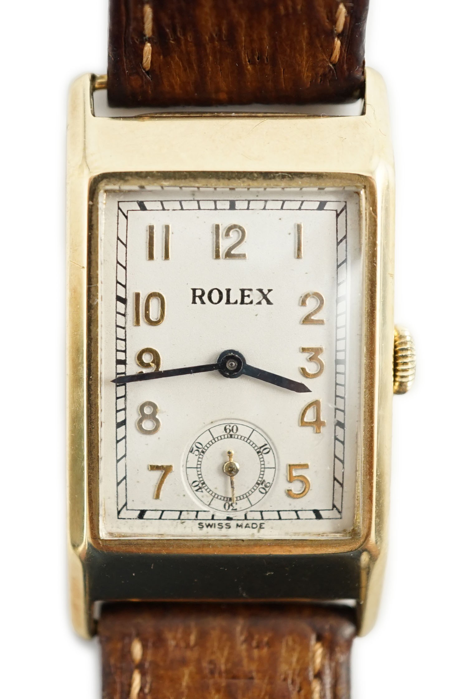 A gentleman's 1930's 9ct gold Rolex manual wind rectangular dial wrist watch, on later leather strap